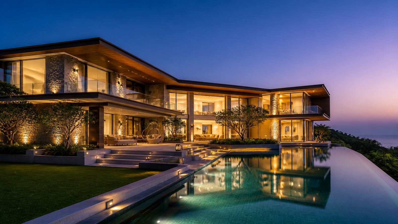 Premium living space — modern villa with pool at dusk