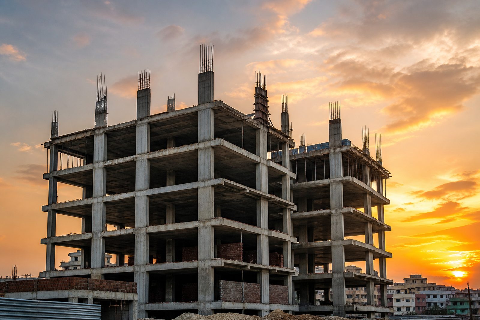 Multi-story concrete building under construction against a sunset sky
