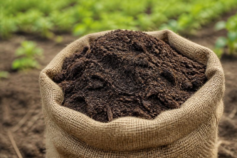 Organic compost and fertiliser in a burlap sack