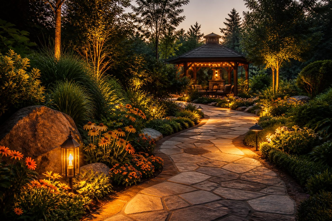 Professionally landscaped garden with a stone path, flower beds, gazebo and warm night lighting