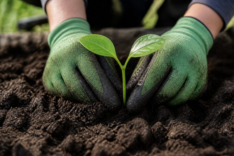 Gloved hands planting a young seedling into soil