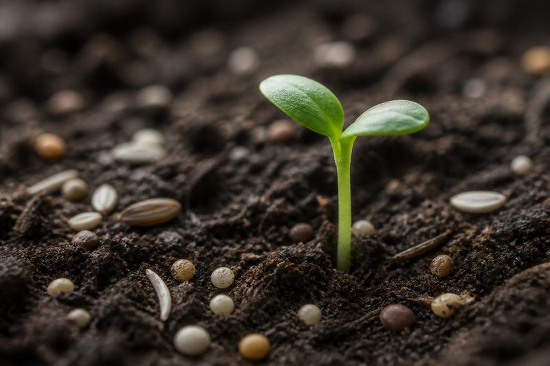 Green sprout emerging from soil with seeds