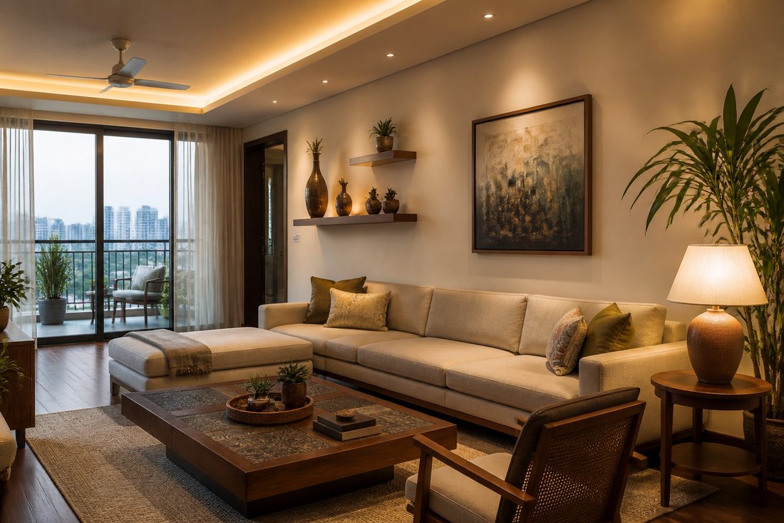 Modern living room with a beige sofa and warm lighting