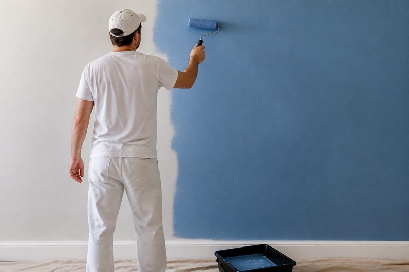 Painter rolling blue paint on a wall