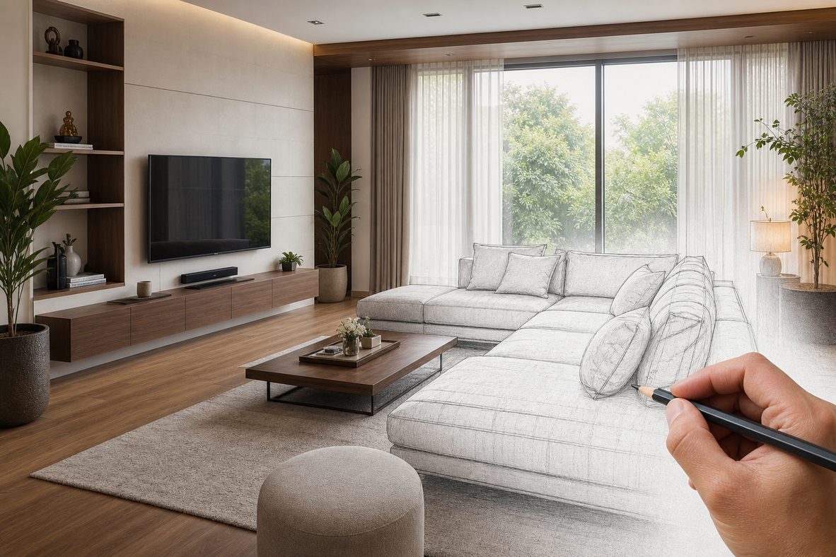 Hand sketching a modern living room interior with a pencil