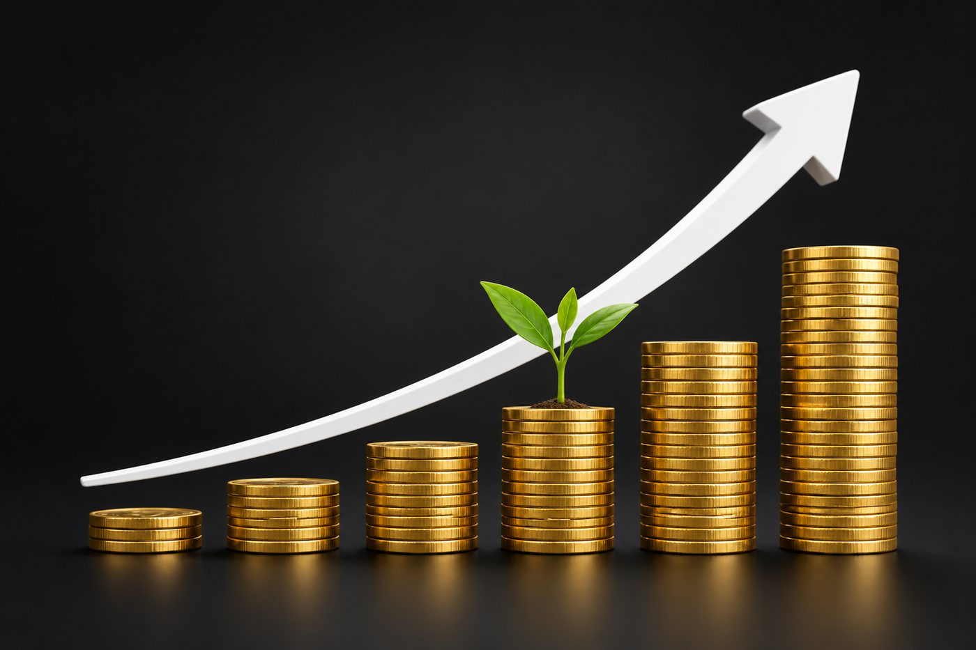 Gold coin stacks with an upward growth arrow