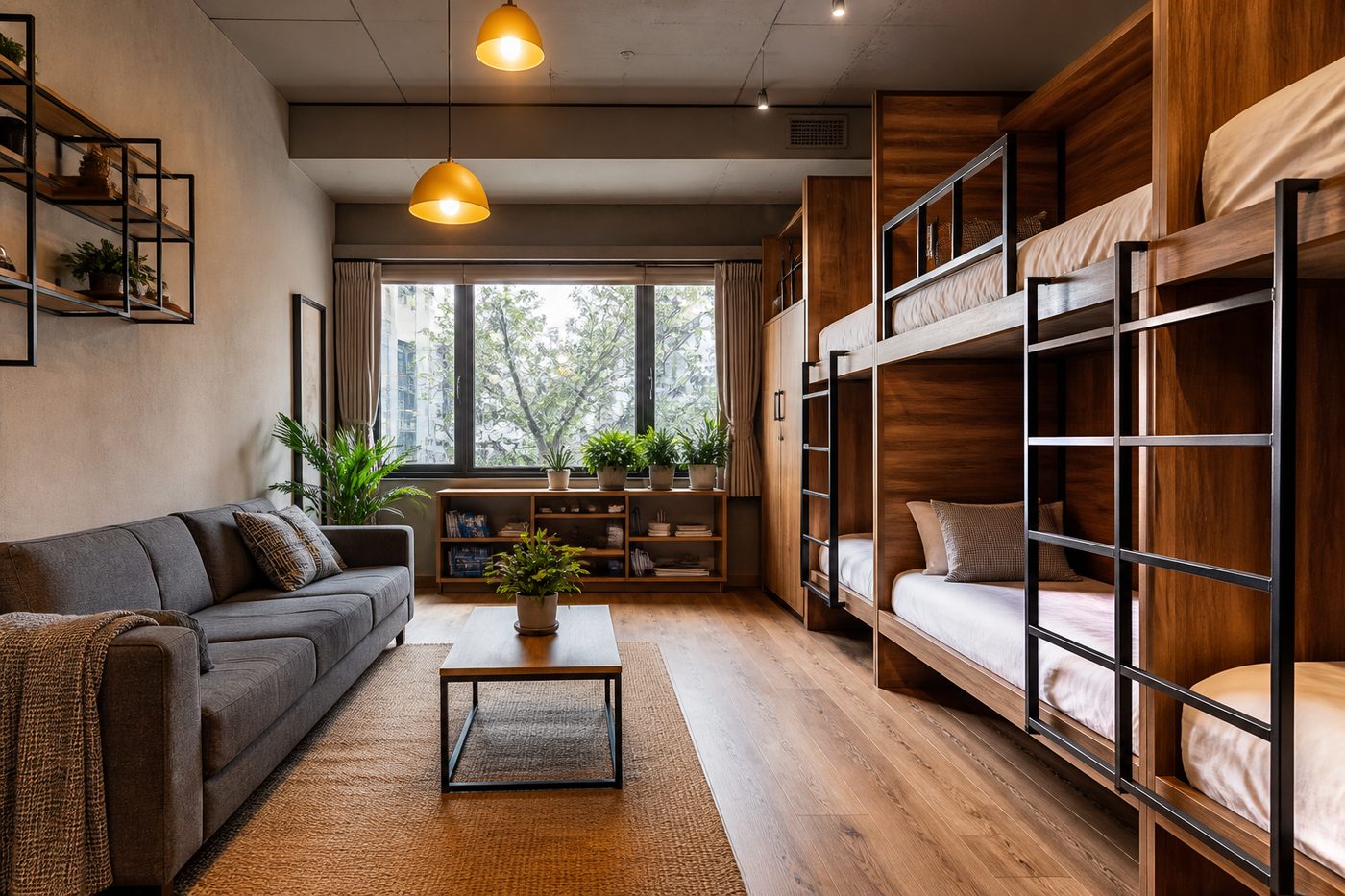 Modern well-lit co-living room with seating and bunk beds